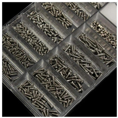 Overview of compartments filled with tiny screws in the Super Slick Micro Screw Kit For Eyeglasses And Watches.