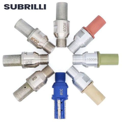 Heavy Duty Diamond Finger Router Bit Kit Features Eight Tough Milling Profile Tools For Granite Marble Concrete And Tile Designed To Polish Rough Edges Into Silky Smooth Finishes On Cnc Grinders And Tumblers Daily, showing assorted grit tools.