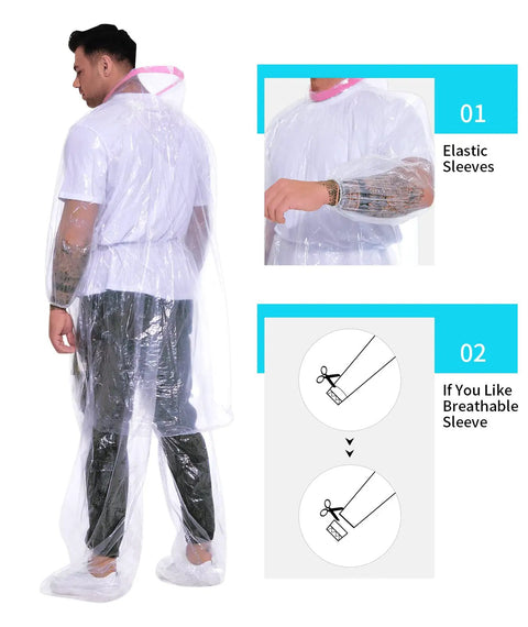 Back view of Plus Size Disposable Rain Poncho Set With Hood, 2 Pack Heavy Duty Waterproof Rain Gear, featuring elastic sleeves.