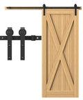 Six Point Six Feet Long Sliding Barn Door Hardware Kit For Single Door Sturdy Durable Carbon Steel With Black Coating To Prevent Rust Heavy Duty Easy To Install Fits Thirty Six To Forty Inch Wide Doors J Shape Hanger Included showing front view with door and black hardware
