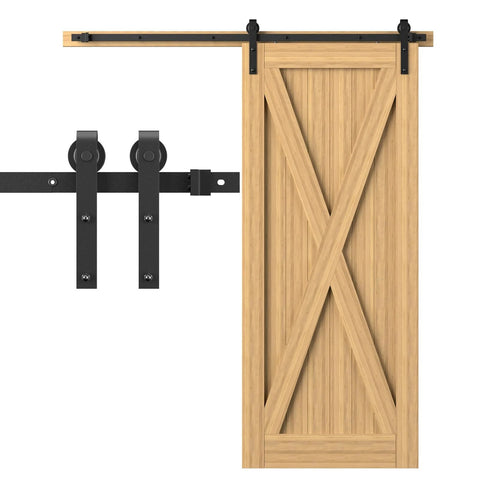 Six Point Six Feet Long Sliding Barn Door Hardware Kit For Single Door Sturdy Durable Carbon Steel With Black Coating To Prevent Rust Heavy Duty Easy To Install Fits Thirty Six To Forty Inch Wide Doors J Shape Hanger Included showing front view with door and black hardware