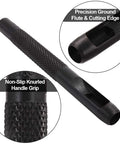 Close-up of a 12 piece hollow punch with precision ground flute and non-slip knurled grip, part of the leather hole punch kit.