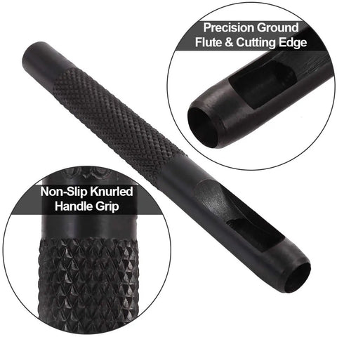 Close-up of a 12 piece hollow punch with precision ground flute and non-slip knurled grip, part of the leather hole punch kit.