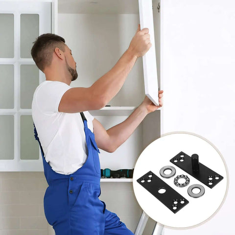 Man installing cabinet using Heavy Duty 360 Degree Stainless Steel Hidden Door Hinge Silent Invisible Pivot Concealed Cabinet Hardware.