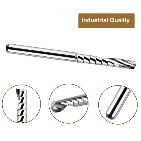 Five Piece O Flute End Mill Set With One Eighth Inch Shank Three Quarter Inch Cutting Length Solid Carbide Spiral Router Bits For CNC Milling Wood Acrylic PVC Pro Grade Smooth Cuts