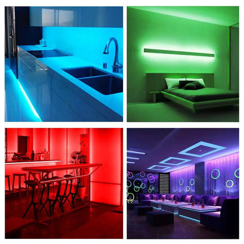Waterproof Led Strip Lights 32.8 Ft Two Rolls Of 16.4 Ft Color Changing 300 LEDs illuminating various indoor settings