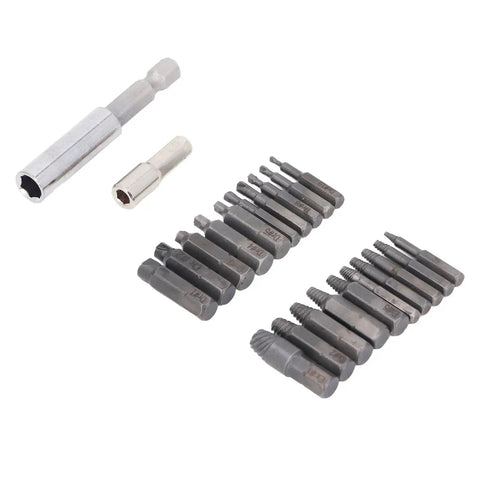 22 Piece Broken Bolt Remover Kit And Damaged Screw Extractor Set Made Of High Speed Steel For Effortless Removal Of Stripped Hex Screws With Two Drill Bit Holders Built Tough To Last Through Any Gnarly Mechanic Job, 22pc HSS extractors and holders