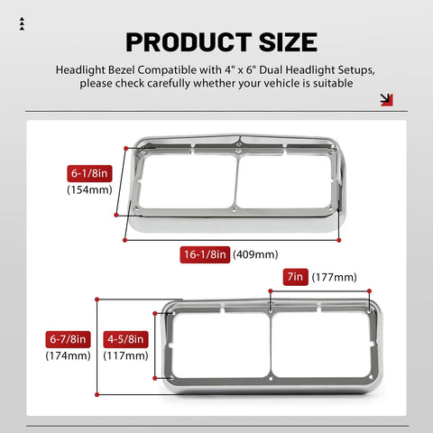 Pair Headlight Bezel With Visor For 4x6 Dual Rectangular Headlamps showing dimensions in inches and millimeters