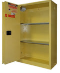 Inside view of Top Tier 45 Gallon Flammable Storage Cabinet With Self Latching Sliding Doors And One Fixed Shelf in yellow steel.