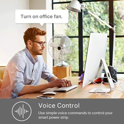 Man using voice control with Six Smart Outlets Power Strip With Three USB Ports, Surge Protector, no hub required.