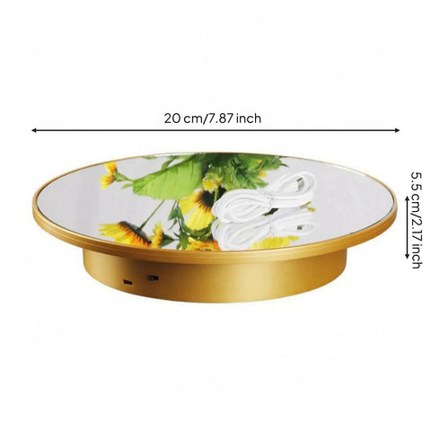 Stupendous Electric Rotating Display Stand With 360 Degree Turntable Rotation For Professional Jewelry Photography And Small Item Filming Featuring A Rock Stable Round Base, 20 cm diameter, mirrored surface.