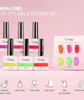 HEMA-Free Cat Eye Gel 6 Colors Set with vegan and cruelty-free, chip-resistant UV LED polishes displayed against pink background.