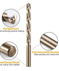 Cobalt Drill Bit Set 115 Pc Pro Grade Heavy Duty High Speed Steel M35 with features labeled around a single drill bit.