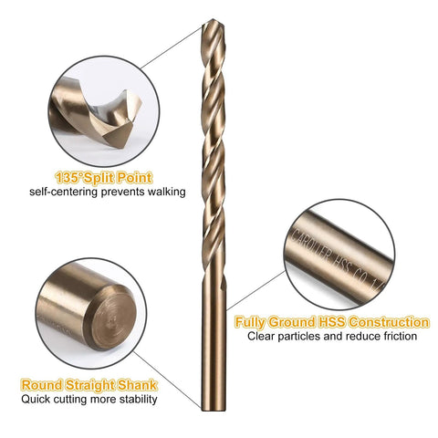 Cobalt Drill Bit Set 115 Pc Pro Grade Heavy Duty High Speed Steel M35 with features labeled around a single drill bit.