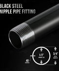 1/2 Inch Black Pipe Fitting Set, Heavy Duty Malleable Steel Nipples, close-up of threaded pipe fitting with dimensions
