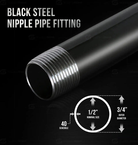 1/2 Inch Black Pipe Fitting Set, Heavy Duty Malleable Steel Nipples, close-up of threaded pipe fitting with dimensions