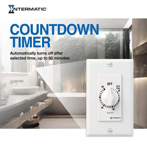 60-Minute Spring Wound Timer For Lights And Appliances White Energy Saving Control displayed in a modern bathroom