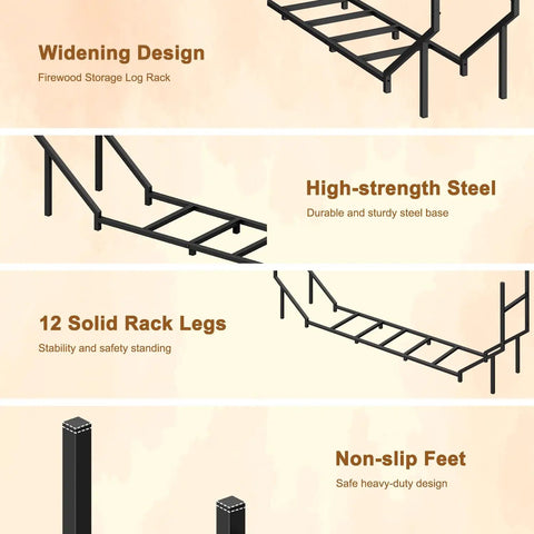 Illustrations of Beefy 5.9ft Firewood Rack Holder for Indoor Outdoor Use with steel structure, highlighting widening design and non-slip feet.