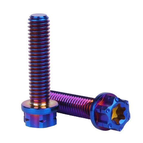Top Shelf Grade 5 Titanium Flange Bolts With Torx Head Screws M5X20MM Burnt Blue Anodized Heavy Duty Lightweight Hardware Fasteners Pack Of Four Built Tough close-up of two bolts