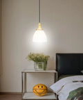 Bedroom setting with Three Pack Hanging Kitchen Island Pendant Lights In Gold With Frosted Glass Shade, 6.5 Inch Wide, Brushed Brass Finish