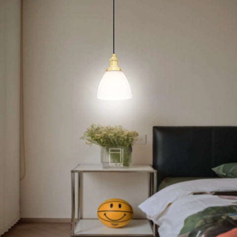 Bedroom setting with Three Pack Hanging Kitchen Island Pendant Lights In Gold With Frosted Glass Shade, 6.5 Inch Wide, Brushed Brass Finish