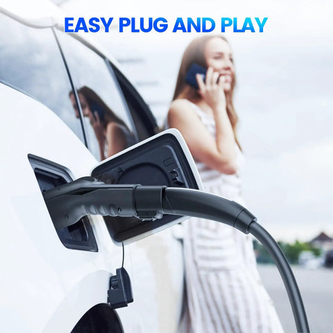 Close-up of Straight Up Tesla NACS To J1772 EV Charging Adapter 48 Amp 250 Volt Heavy Duty Plug And Play Connector in use.