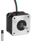 NEMA 17 stepper motor with silver front faceplate, four mounting holes and protruding shaft; 4-wire cable visible.