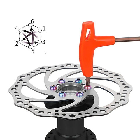 Installation of Colorful Titanium M5x10 Bike Bolts Set on MTB disc brake with T25 tool, 12 Pack Grade 5 6Al 4V screws