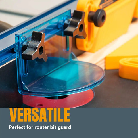 Double Cut Universal T Track Set For Workshop Jigs And Router Tables Four 36 Inch Sections With EZ Mount Predrilled Holes Includes Ten T Track Knobs And Quarter Inch Hex Bolts And Washers Heavy Duty Versatile For Pro Grades And DIY Projects shown on a router table with protective guard