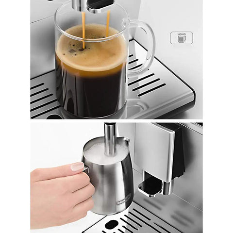 Automatic Bean To Cup Coffee Maker With Quiet Grinder Serving Straight From Bean Cafe Espresso And Quick Drip Brews, with coffee pouring.