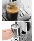 Straight Up Automatic Bean To Cup Coffee Maker With Built In Silent Grinder One Touch Cappuccino System pouring coffee and steaming milk.
