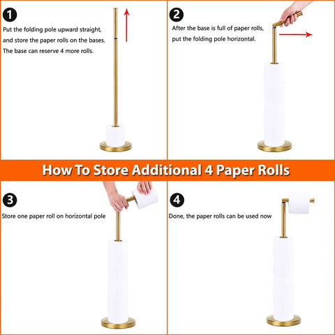 Freestanding Toilet Paper Holder Stand With Four Roll Reserve, Stainless Steel Brushed Gold Finish assembly guide steps.