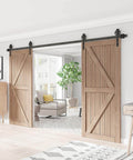 Interior view with installed Black Wood Double Sliding Barn Door Hardware Kit With Big Spoke Wheel Rollers, 12Ft Length track.