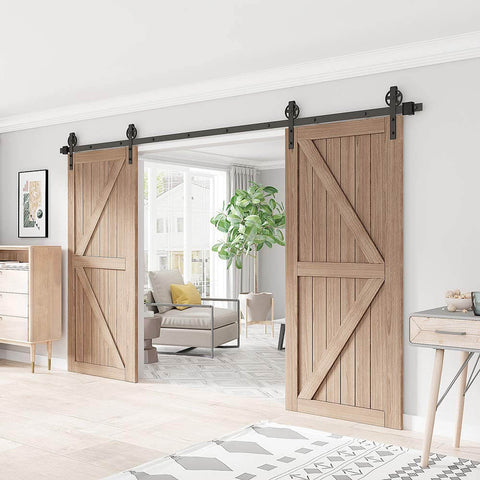 Interior view with installed Black Wood Double Sliding Barn Door Hardware Kit With Big Spoke Wheel Rollers, 12Ft Length track.