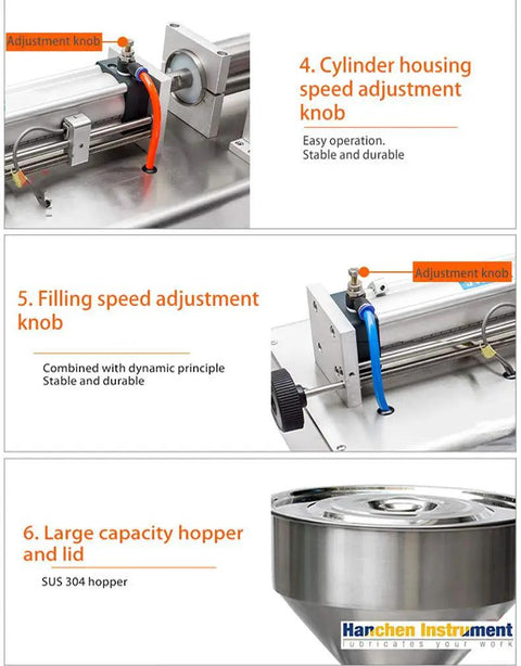 Heavy Duty Liquid And Paste Filling Machine Double Nozzle Pneumatic Piston Dispenser speed adjustment knobs and stainless hopper