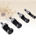 Hardwood Shop Tough Four Piece Plug Cutter Set With Hex Shank For Router Bit Holes And Clean Screw Concealment In Cabinetry Bench Work And Quick Weekend Fixes, showing four hex plug cutters.