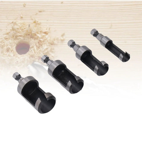 Hardwood Shop Tough Four Piece Plug Cutter Set With Hex Shank For Router Bit Holes And Clean Screw Concealment In Cabinetry Bench Work And Quick Weekend Fixes, showing four hex plug cutters.