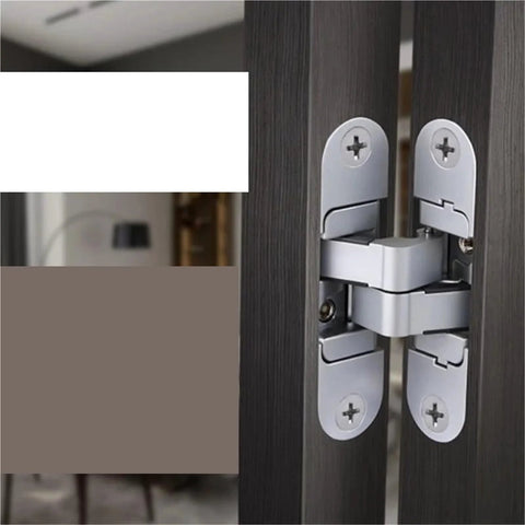 2 Pack Invisible Door Hinges For Wood Doors, 180 Degree Hidden Cross Hinge installed on dark wood door
