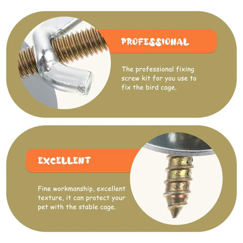 Premium Top Shelf Bird Cage Retaining Screws And Perch Hardware Kit With 16 Heavy Duty Bolts And Nuts Plus Gaskets For Small Pet Enclosure Fastening No Sweat Install Replacement Parts close-up of professional screw fixings with fine workmanship.