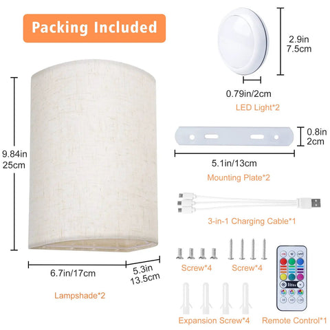 Wall Sconce With Fabric Shade 2 Pack Remote Control RGB LED Lighting Dimmable Lamps For Bedroom Living Room Hallway Wireless Color Changing Vibe Lighting Decor, packing contents with measurements and accessories.