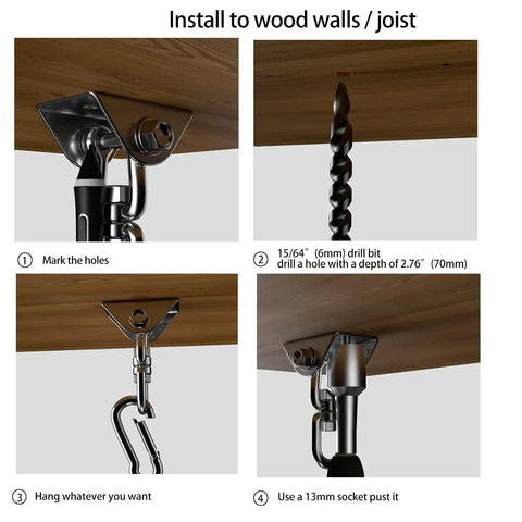 Heavy Duty Hammock Hanging Kit With 360 Degree Rotate Hooks, 1000 Lb Capacity, installation instructions on wooden surface