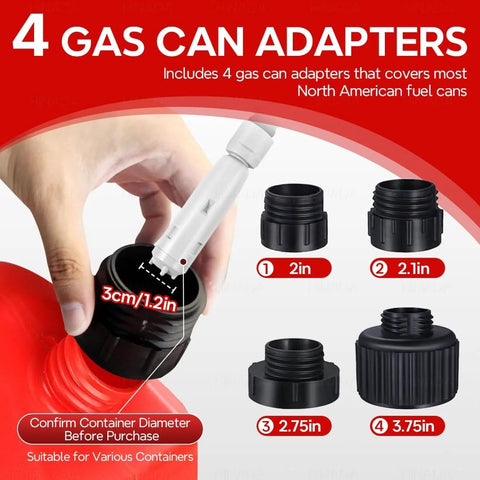 Hand holding Auto Stop Fuel Transfer Pump Portable Gas Can Pump adapter, showing 4 can adapters for gas, diesel, and oil transfer.