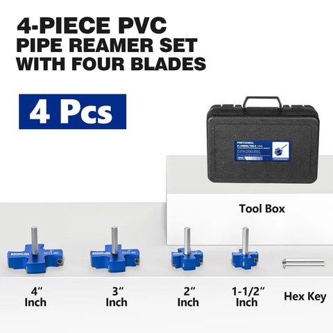 Four Size PVC Pipe Reamer Kit With Four Blades For No Fuss Pipe Prep Fits SCH40 Pipes 1/2 Inch Drill Compatible shown with tool box