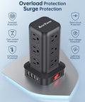 Surge Protector Power Strip Tower With 10 Ft Cord And 12 Outlets, 4 USB Ports Including 1 USB C For Home Office And Dorm Safe Overload Protection