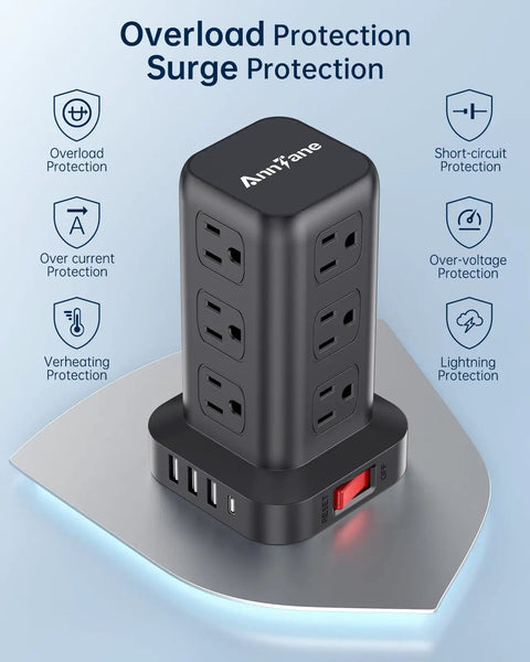 Surge Protector Power Strip Tower With 10 Ft Cord And 12 Outlets, 4 USB Ports Including 1 USB C For Home Office And Dorm Safe Overload Protection