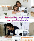 Two scenes of embroidery machines in use; top shows mother and daughter using home sewing machine, bottom shows professional designer at work.