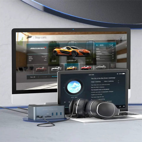 Slick Operator 14 In 1 Type C Docking Station For Macbook And PC Laptop Rigs Featuring No Sweat Sync Flat Out Fast Charging dual 4K displays.