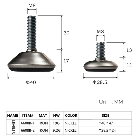 Heavy Duty M8 Threaded Furniture Levelers Set Of 4 Adjustable Glides For Chairs Desks And Cabinets Built To Last Wobble Free Stable Load Bearing 27mm Height with dimensions and specifications displayed