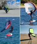 Collage of using Inflatable Wing Foil Surf Wing With Storage Bag And Leash, Handheld Foil Wing Kite For Surfing Snow Skiing And Water Play