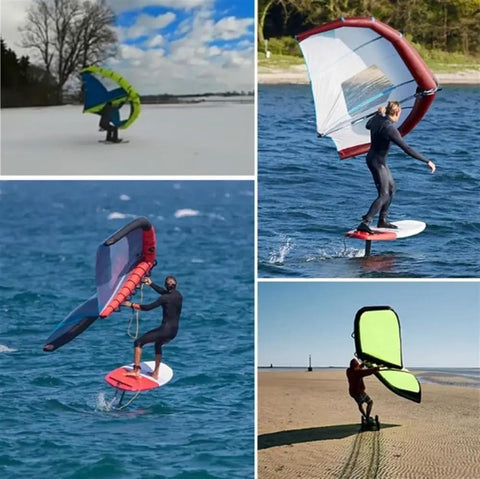 Collage of using Inflatable Wing Foil Surf Wing With Storage Bag And Leash, Handheld Foil Wing Kite For Surfing Snow Skiing And Water Play